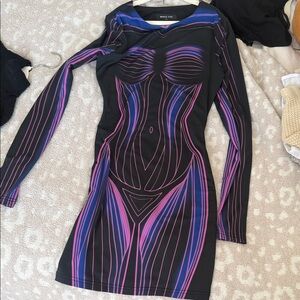 Black and Purple Graphic Long Sleeve Dress